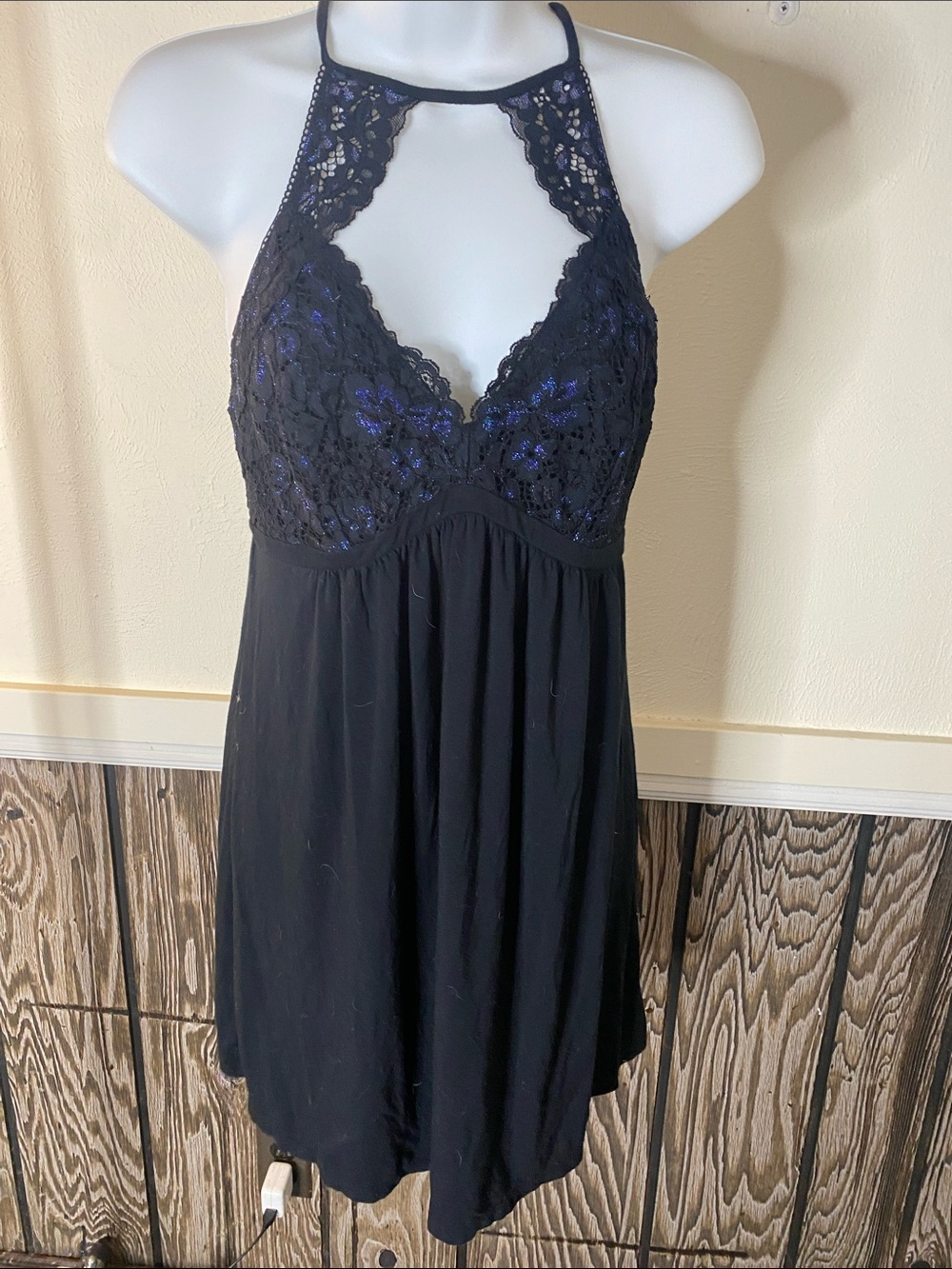 Soma Black Lace Halter Chemise with Subtle Blue Sparkle